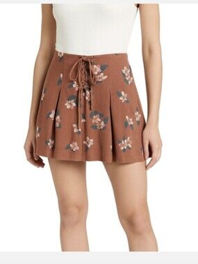 Free People Floral Rust Brown Skater Lace-Up A-Line Mini Skirt